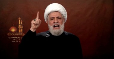 Lebanon&#039;s Hezbollah Chief Naim Qassem gives a televised speech from an unknown location in this screengrab obtained from video released on Aug. 15, 2025. (Al Manar TV via Reuters)