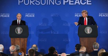 U.S. President Donald Trump and Russian President Vladimir Putin hold a joint press conference after participating in a U.S.-Russia summit on Ukraine at Joint Base Elmendorf-Richardson in Anchorage, Alaska, Aug. 15, 2025. (AFP Photo)