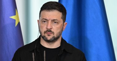 Ukrainian President Volodymyr Zelenskyy looks on during a joint press conference with the German Chancellor after a video conference of European leaders with the U.S. President on the Ukraine war ahead of a summit between the U.S. and Russian leaders, in Berlin, Germany, Aug. 13, 2025. (AFP Photo)