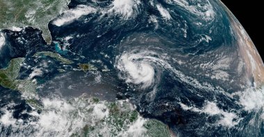 This satellite image provided by the National Oceanic and Atmospheric Administration (NOAA) shows Hurricane Erin forming in the Atlantic Ocean, Aug. 15, 2025. (AFP Photo)