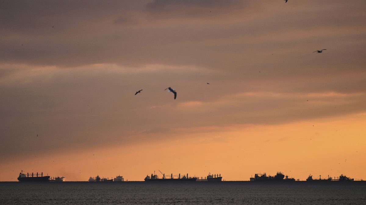 Cargo ships are anchored at the Marmara sea near the Bosphorus strait, Istanbul, Türkiye, April 8, 2025. (AP Photo)