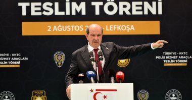 Turkish Cypriot President Ersin Tatar speaks at an event in Lefkoşa (Nicosia), TRNC, Aug. 2, 2025. (AA Photo)