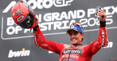 Ducati Lenovo Team&#039;s Marc Marquez celebrates on the podium after winning the Austrian MotoGP, Spielberg, Austria, Aug. 17, 2025. (Reuters Photo)