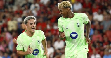 Barcelona&#039;s Lamine Yamal celebrates scoring their third goal against Mallorca with Gavi, Palma de Mallorca, Spain, Aug. 16, 2025. (Reuters Photo)