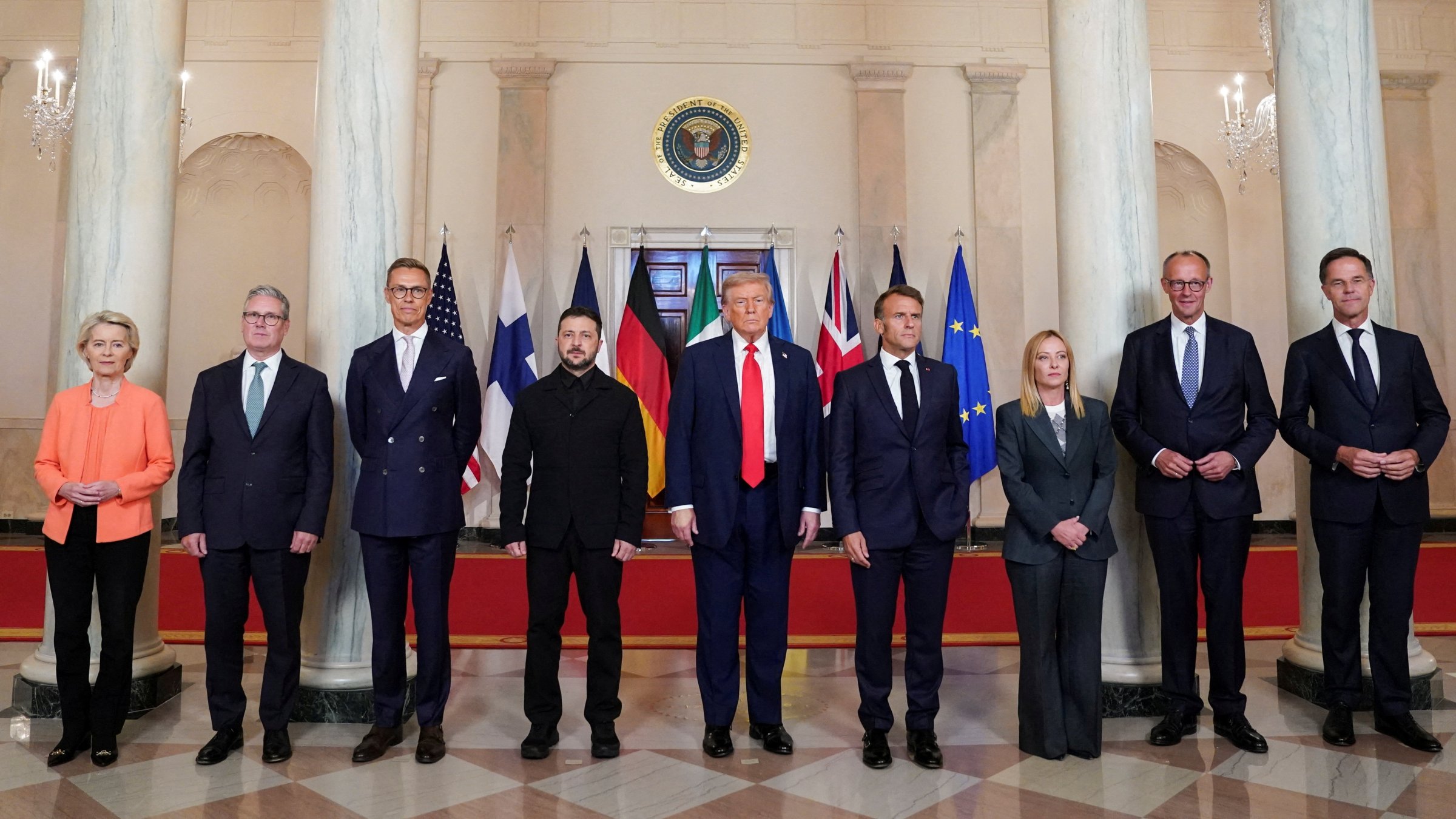 U.S. President Donald Trump, Ukrainian President Volodymyr Zelenskiy, German Chancellor Friedrich Merz, French President Emmanuel Macron, British Prime Minister Keir Starmer, Italian Prime Minister Giorgia Meloni, and Finland&#039;s President Alexander Stubb, NATO Secretary General Mark Rutte and European Commission President Ursula von der Leyen pose for a family photo amid negotiations to end the Russian war in Ukraine, at the White House in Washington, D.C., U.S., Aug. 18, 2025. (Reuters Photo)