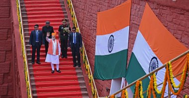 India&#039;s Prime Minister Narendra Modi waves after addressing the nation at the Red Fort during Independence Day celebrations, New Delhi, India, Aug. 15, 2025. (AFP Photo)