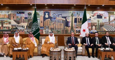 Saudi Arabia&#039;s Investment Minister Khalid bin Abdulaziz Al Falih (C-L), and his delegation received at Damascus International Airport, Damascus, Syria, July 23, 2025. (SANA via AFP Photo)
