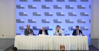 Richard Falk (2nd L), president of the Gaza Tribunal and former U.N. special rapporteur, and Taha Ayhan (R), ICYF president, speak at the Gaza Tribunal&#039;s emergency news conference, Istanbul, Türkiye, Aug. 18, 2025. (AA Photo)