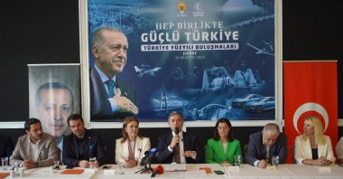 Justice and Development Party (AK Party) Deputy Chairman Zafer Sırakaya (C) speaks at a &quot;Century of Türkiye Meetings&quot; event held at a facility in Edirne, Türkiye, Aug. 17, 2025. (AA Photo)