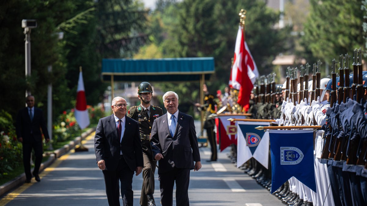 Defense Minister Yaşar Güler (L) and Japanese Defense Minister Gen Nakatani attend a welcoming ceremony for the visiting minister, Ankara, Türkiye, Aug. 19, 2025. (AA Photo)