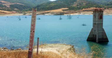 Gauges to measure water levels stand on dry terrain near the low waters of Naip Dam, as drought conditions continue to affect water levels, in Süleymanpaşa, northwestern Tekirdağ province, Türkiye, Aug. 11, 2025. (Reuters Photo)