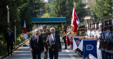 Defense Minister Yaşar Güler (L) and Japanese Defense Minister Gen Nakatani attend a welcoming ceremony for the visiting minister, Ankara, Türkiye, Aug. 19, 2025. (AA Photo)