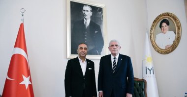 Süleyman Akar (L), IP&#039;s provincial chair for Mardin, poses with IP Chair Müsavat Dervişoğlu in this undated photo taken in Mardin, southeastern Türkiye. (DHA Photo)