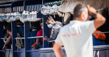 Migrants on the ship Humanity 1, with 134 migrants on board, wait at the port, Naples, Italy, Aug. 19, 2025. (EPA Photo)