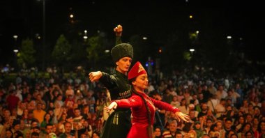 Folk dancers perform their traditional dances at the Horon Festival, Trabzon, northern Türkiye, Aug. 18, 2025. (IHA Photo)