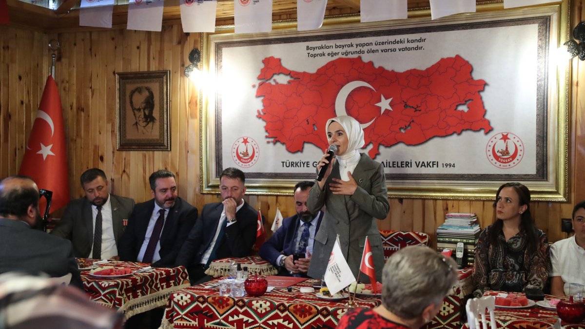 Family and Social Services Minister Mahinur Özdemir Göktaş speaks at a meeting with families of martyrs and veterans, Ankara, Türkiye, Aug. 12, 2025. (DHA Photo)