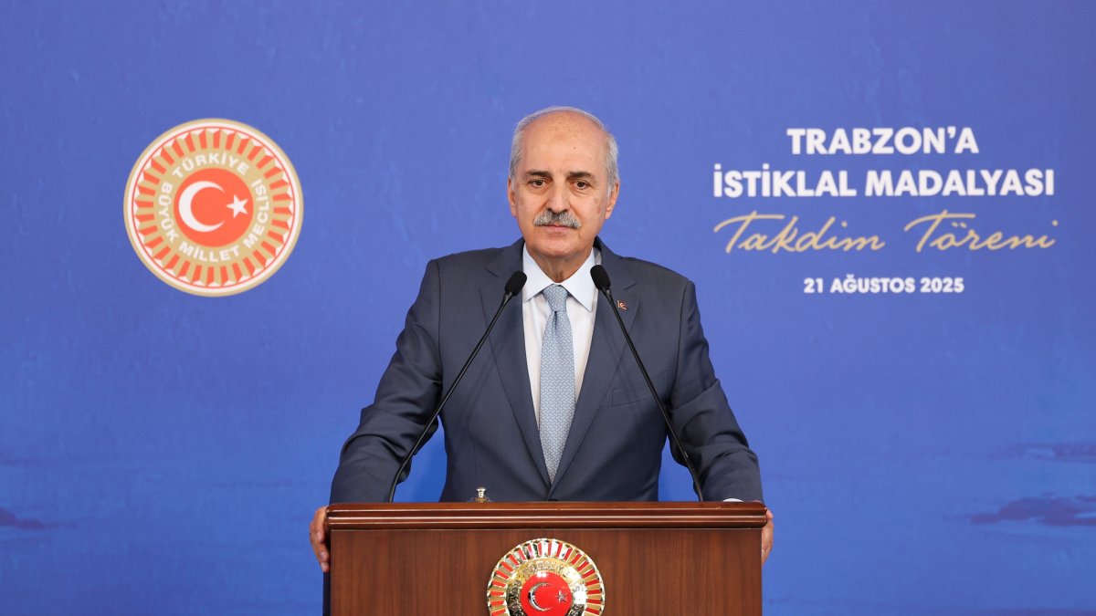 Turkish Parliament Speaker Numan Kurtulmuş speaks at a ceremony to hand over a medal, Ankara, Aug. 21. 2025. (AA Photo)