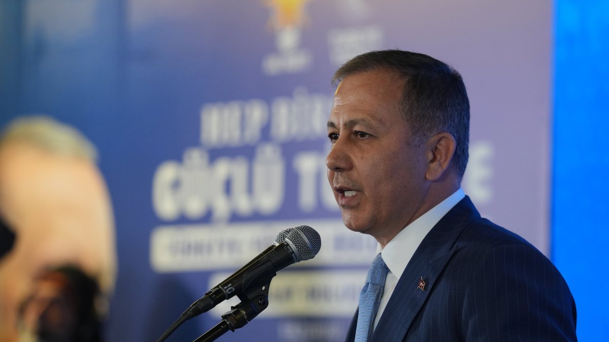 Interior Minister Ali Yerlikaya speaks at an AK Party event in Erzurum, Aug. 21, 2025. (AA Photo)