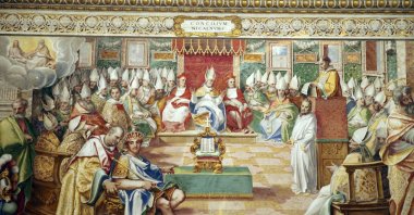 A fresco depicts the First Council of Nicaea (Nicea), which marks its 1,700th anniversary this year and holds a significant place in Christian history. The fresco is located in the Sistine Hall of the Vatican Apostolic Library, Vatican, June 23, 2025. (AA Photo).