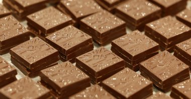 Chocolate pieces produced by French chocolatier Mateo Cosnefroy for Christmas celebrations are for sale at Racine Carree&#039;s chocolate factory, Saint-Jeannet, Nice, France, Dec. 12, 2024. (EPA Photo)