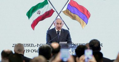 This handout photograph, taken and released by Armenia&#039;s government press service, shows Armenian Prime Minister Nikol Pashinyan attending a meeting with businesspersons during the visit of Iranian President Ebrahim Raisi to Yerevan, Armenia, July 19, 2025. (AFP Photo)