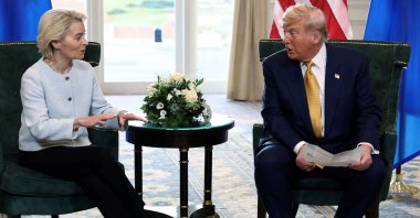 European Commission President Ursula von der Leyen speaks with U.S. President Donald Trump, after the announcement of a trade deal between the U.S. and EU, in Turnberry, Scotland, Britain, July 27, 2025. (Reuters Photo)