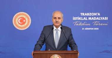 Turkish Parliament Speaker Numan Kurtulmuş speaks at a ceremony to hand over a medal, Ankara, Aug. 21. 2025. (AA Photo)