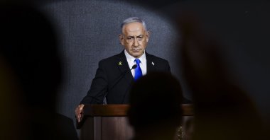 Israeli Prime Minister Benjamin Netanyahu delivers a speech during the U.S. Independence Day reception hosted by Newsmax, at the Waldorf Astoria Hotel in Jerusalem,  Aug. 13, 2025. (EPA Photo)