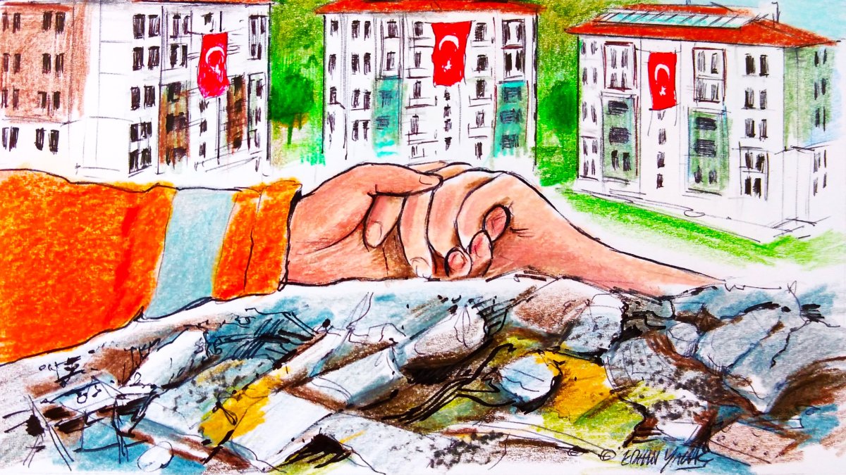 &quot;The epic of solidarity written in the days that followed Feb. 6 earthquake will stand as one of the most important legacies to be passed down to future generations.&quot; (Illustration by Erhan Yalvaç)