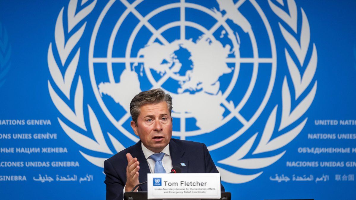 U.N. Under-Secretary-General for Humanitarian Affairs and Emergency Relief Coordinator Tom Fletcher briefs the media about the humanitarian crisis in the Gaza Strip during a press conference at the European headquarters of the United Nations (UNOG), Geneva, Switzerland, Aug. 22, 2025. (EPA Photo)