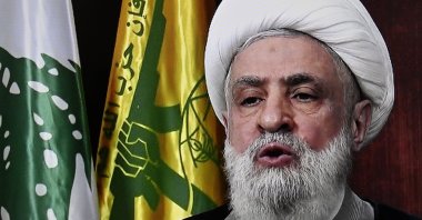 A photo of a TV screen shows Hezbollah leader Sheikh Naim Qassem delivering a televised speech broadcast on Hezbollah&#039;s al-Manar TV channel, Beirut, Lebanon, Nov. 29, 2024. (EPA Photo)