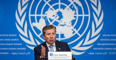 U.N. Under-Secretary-General for Humanitarian Affairs and Emergency Relief Coordinator Tom Fletcher briefs the media about the humanitarian crisis in the Gaza Strip during a press conference at the European headquarters of the United Nations (UNOG), Geneva, Switzerland, Aug. 22, 2025. (EPA Photo)