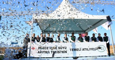 Agriculture and Forestry Minister Ibrahim Yumaklı (7th R) at the groundbreaking ceremony of the Central Drinking Water Treatment Plant in Beyköy, Düzce, Türkiye, Aug. 21, 2025. (AA Photo)