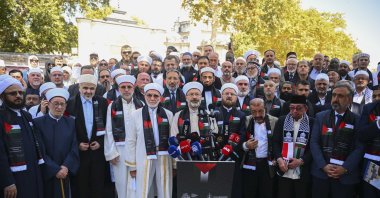 International Union of Muslim Scholars (IUMS) and the Foundation for Islamic Scholars in Türkiye hold a news conference ahead of the 8-day conference on Gaza, in Istanbul, Aug. 22, 2025. (AA Photo)