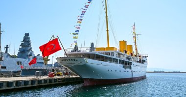 TCG Savarona, the yacht symbolizing the legacy of the Turkish Republic&#039;s founder Mustafa Kemal Atatürk, is seen docked at a port in Istanbul, Türkiye, Aug. 22, 2025. (AA Photo)