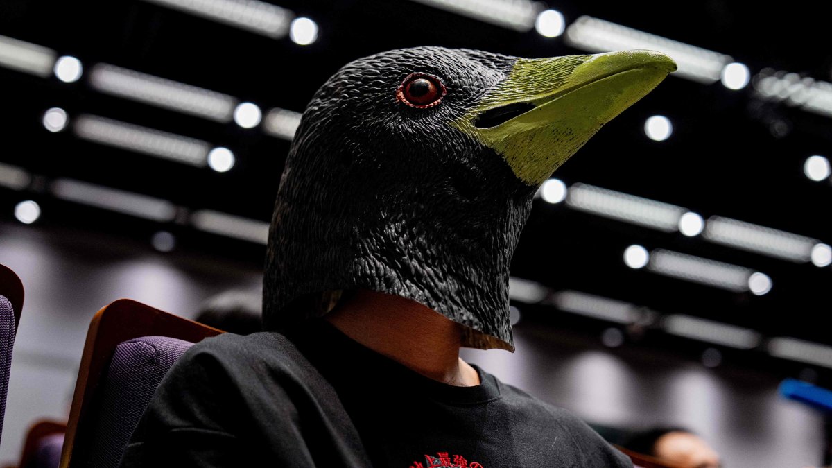 A participant wears a bird-themed mask as he watches the Hong Kong Bird Watching Society’s bird call competition at the University of Hong Kong on August 23, 2025. (AFP Photo)