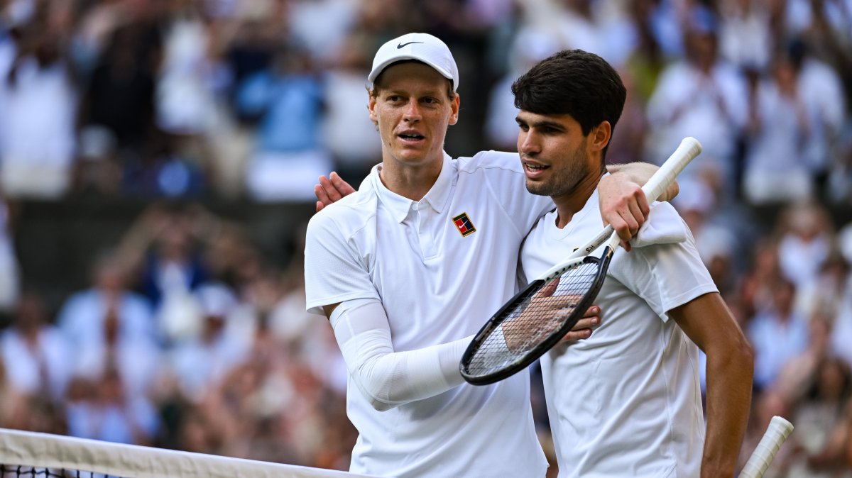 Jannik Sinner of Italy and Carlos Alcaraz of Spain after the Wimbledon Men&#039;s Singles Final, in London, U.K., July 13, 2025. (Getty Images)