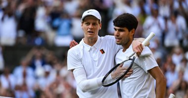 Jannik Sinner of Italy and Carlos Alcaraz of Spain after the Wimbledon Men&#039;s Singles Final, in London, U.K., July 13, 2025. (Getty Images)