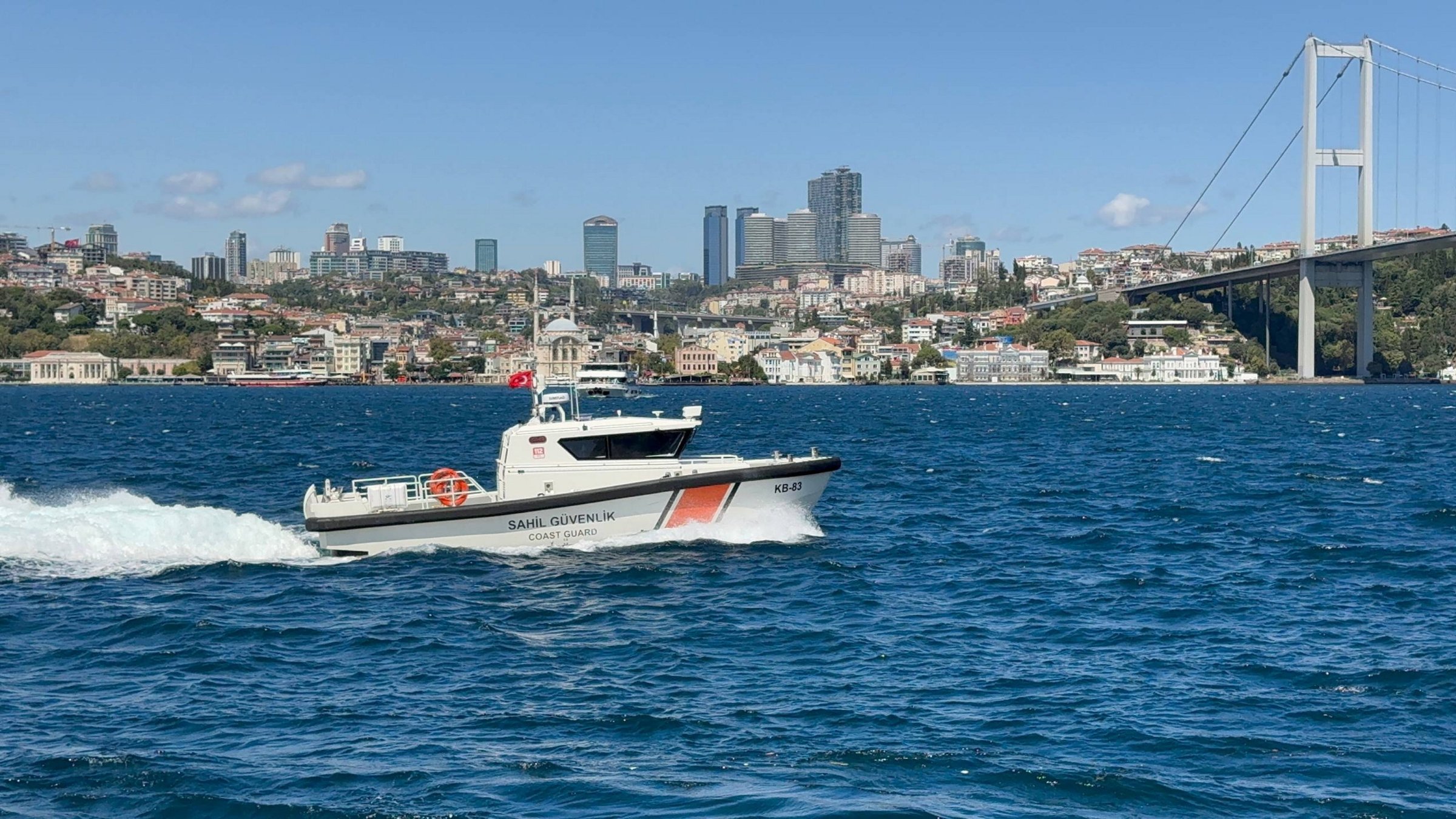 A Turkish coast guard vessel searches the Bosporus for a missing Russian swimmer in Istanbul, Türkiye, Aug. 25, 2025. (AA Photo)