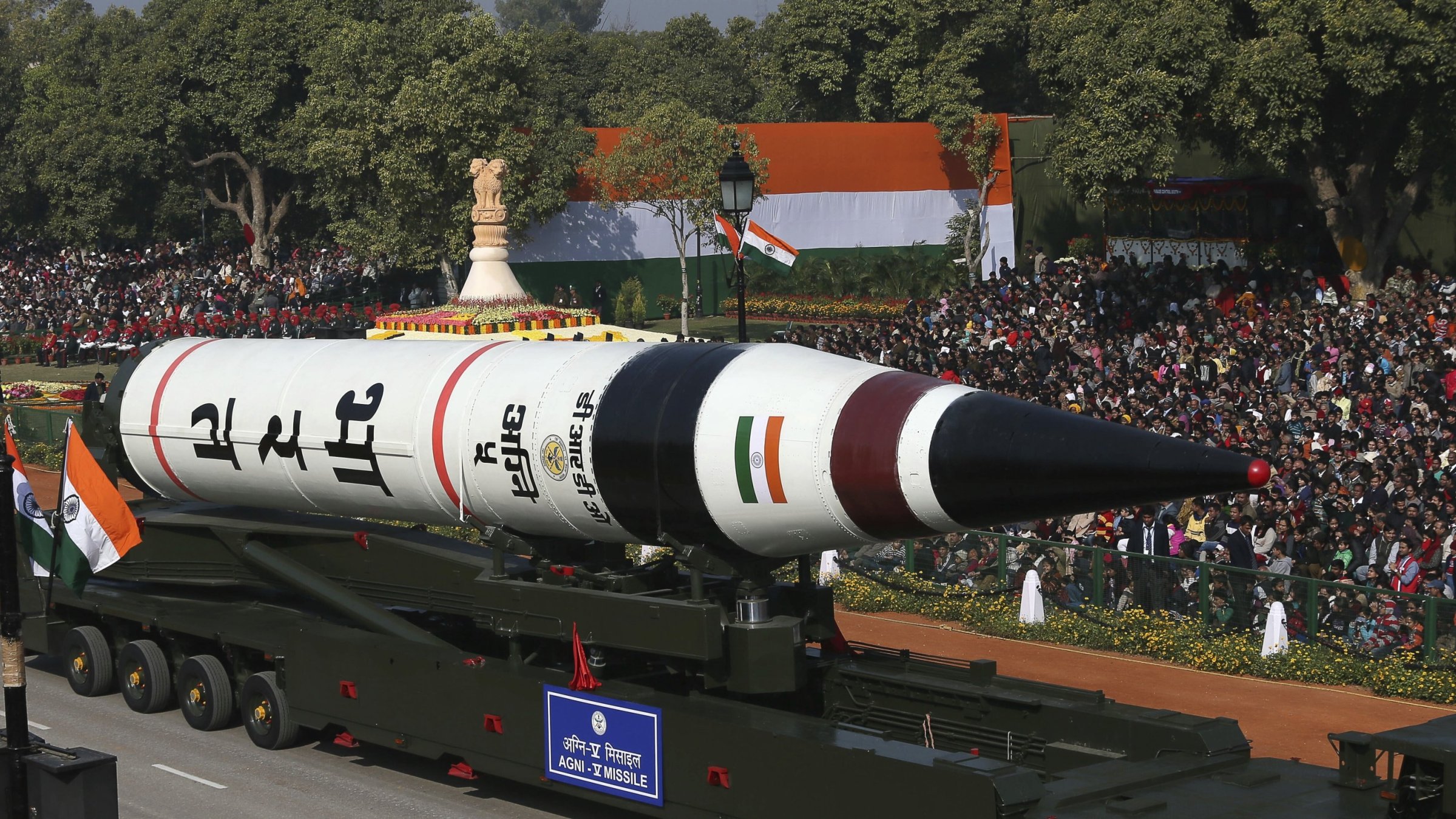The long range ballistic Agni-V missile is displayed during the Republic Day parade, in New Delhi, India, Jan. 26, 2013. (AP File Photo)