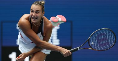 Belarus&#039; Aryna Sabalenka in action against Switzerland&#039;s Rebeka Masarova during the first round of the U.S. Open, New York, U.S., Aug. 24, 2025. (EPA Photo)
