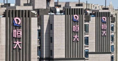 Evergrande Group logos are seen on apartment buildings in Nanjing, China&#039;s eastern Jiangsu province, Aug. 25, 2025. (AFP Photo)