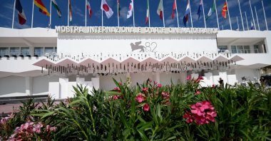 Final preparations are made at the Venice Film Festival venue on the Lido in Venice, Italy, Aug. 25, 2025. (EPA Photo)