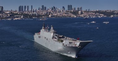 The TCG Anadolu amphibious assault ship sails through the Bosporus during a naval parade held as part of the Teknofest Blue Homeland event in Istanbul, Türkiye, Aug. 24, 2025. (AA Photo)