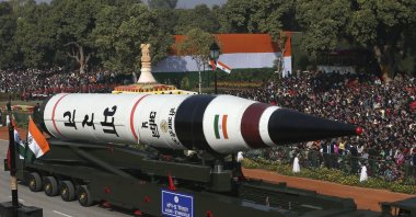 The long range ballistic Agni-V missile is displayed during the Republic Day parade, in New Delhi, India, Jan. 26, 2013. (AP File Photo)