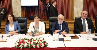 Peoples' Equality and Democracy Party (DEM Party) members (L to R) Gülistan Kılıç Koçyiğit, Meral Danış Beştaş, Hakkı Saruhan Oluç and Cengiz Çiçek attend a meeting of the National Solidarity, Brotherhood and Democracy Commission, at Parliament, Ankara, Türkiye, Aug. 19, 2025. (AA Photo)
