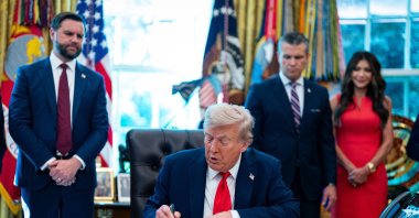 U.S. Vice President JD Vance, President Donald Trump, Pete Hegseth, secretary of Defense, and Kristi Noem, secretary of the Department of Homeland Security, during an executive order signing in the White House, Washington, U.S., Aug. 25, 2025. (EPA Photo)