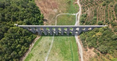 Aerial view of a nearly dried dam showing low water levels amid summer heat in Istanbul, Türkiye, Aug. 6, 2025. (DHA Photo)