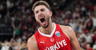 Turkish NBA star and national basketball player Alperen Şengün reacts during a match against Montenegro, Istanbul, Türkiye, Aug. 23, 2025. (AA Photo)