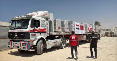 A truck carrying humanitarian aid supplies sent by the Turkish Red Crescent to Gaza, in this undated file photo. (DHA File Photo)